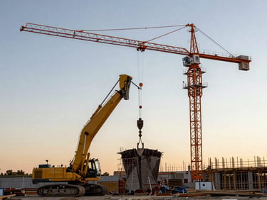 Extreme wide environmental shot of an active construction site, heavy concrete pouring machinery in motion, orange cranes silhouetted against a late afternoon sky.
