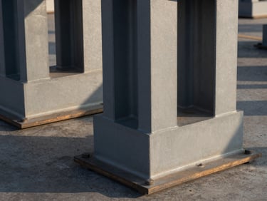 A close-up of massive structural steel joints under high-contrast late afternoon shadows, showcasing raw steel textures and industrial engineering precision.