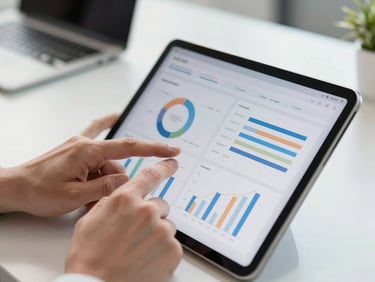 Close-up of a professional's hands using a tablet displaying clean, modern corporate data charts in a bright, sunlit office environment.