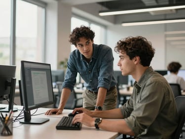 Bright natural daylight illuminating a modern open-plan office where two diverse software engineers collaborate over a monitor, clean architectural lines, soft depth of field.