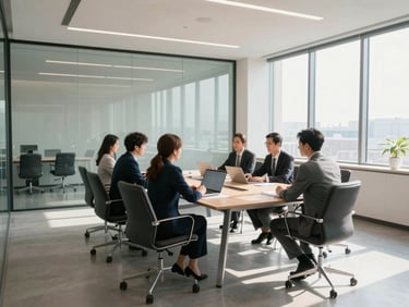 A clean, modern corporate boardroom with glass walls, natural daylight casting soft shadows, professional team collaborating around a table, wide angle environmental shot.