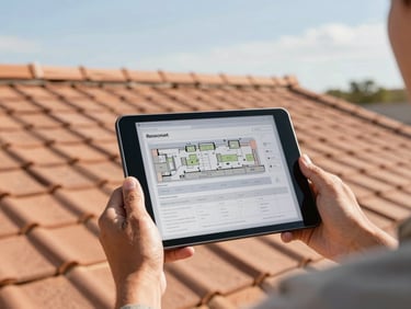 Professional contractor's hands holding a tablet showing a detailed roof inspection report, with a Texas sky and roofline in the background, bright natural sunlight, warm editorial photography.