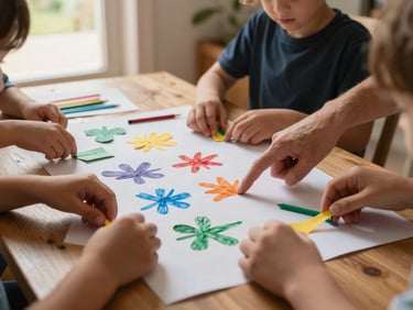 Close-up of children's hands arranging paper and painted elements on a large shared sheet during a collaborative storytelling session, warm afternoon light from an open door, one adult hand visible at the edge pointing at something on the sheet, materials scattered naturally, the image is wide and slightly cropped to show the working environment