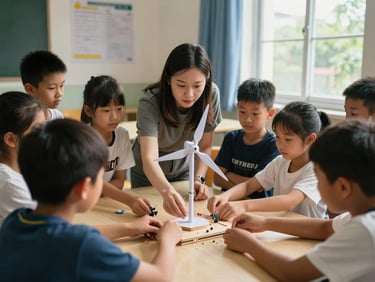 Wide environmental shot — children and an educator crowded around a low table in a community room, hands pressing components into a wooden base, a small hand-built wind turbine prototype visible in the center, natural daylight from a window to the right, warm and focused, no posed expressions