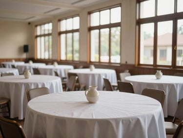 Wide shot of a Malay event hall being set up, round tables with white linen and ceramic centrepieces, warm natural light through tall windows, no people visible, calm and ordered