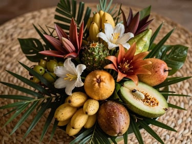 Overhead close-up of an edible bouquet arrangement with tropical flowers and fruit, placed on a woven mat under soft daylight, warm earthy tones, no people, documented not staged