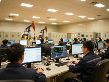 Wide-angle view of an active oil and gas control room interior, engineers at dual-monitor workstations reviewing operational data under warm tungsten overhead lighting, industrial equipment panels visible in the background, over-the-shoulder framing showing focused work in progress