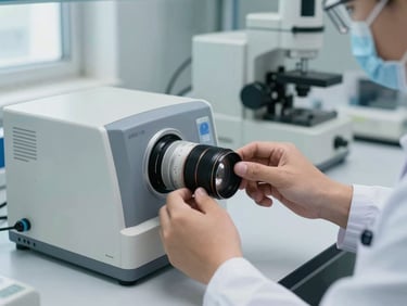 Close-up of a biomedical engineer's hands adjusting diagnostic equipment on a clean lab bench, soft natural daylight from a window to the left, sterile white surfaces and precision instruments in the background