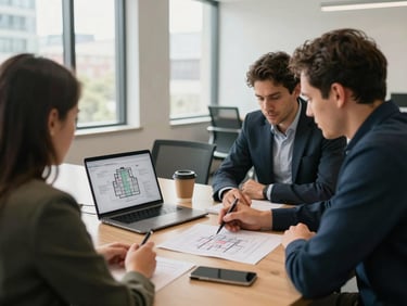 Over-the-shoulder wide shot of two professionals at a conference table in a modern Austin office, one annotating a printed architecture diagram with a pen, the other reviewing a laptop with infrastructure schematics, warm natural daylight through floor-to-ceiling windows, papers and coffee cups on table suggesting real work in progress