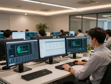 Environmental wide-shot of a corporate IT operations center, two analysts at adjacent workstations with multiple monitors displaying network dashboards, overhead warm recessed lighting, clean modern office environment