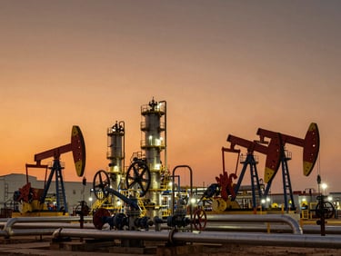 Wide shot of an oil and gas processing facility at dusk, pipelines and pressure vessels in the foreground bathed in warm amber industrial lighting, sky transitioning to deep orange on the horizon
