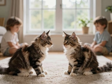 Maine Coon kittens interacting gently with children in a cozy living room, warm natural light, shallow depth of field