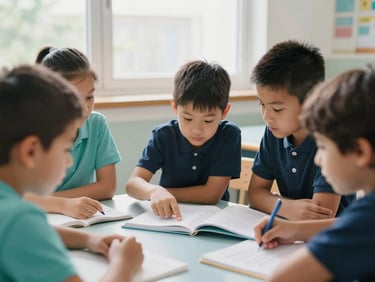 Diverse elementary school children collaborating on a reading activity, one child pointing to a word, natural classroom light, soft teal and navy undertones, expressions of shared discovery, 35mm.