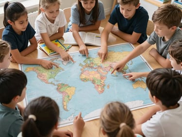 Overhead shot of children gathered around a large world map, pointing to different countries, bilingual books scattered nearby, natural light, expressions of curiosity, 35mm.