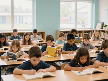 A wide-angle warm photo of a diverse elementary school library filled with children reading bilingual books, soft window light