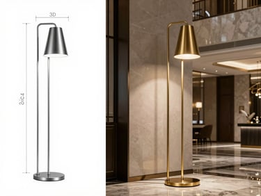 Technical CAD schematic of a modern metal floor lamp on the left, transitioning into a crisp architectural photograph of the finished brushed-brass fixture in a luxury hotel lobby, high contrast, clean industrial lighting, 35mm