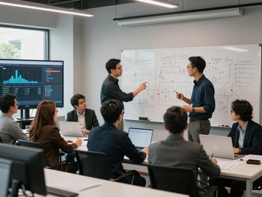 Modern Indonesian corporate environment with collaborative workshop, whiteboards, and digital screens under cool office daylight