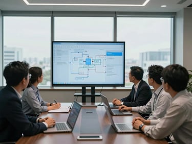 Wide environmental shot of an Indonesian corporate boardroom, collaborative team analyzing digital flowcharts on a screen, cool natural daylight with subtle blue screen reflections, sharp professional setup.