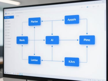 Abstract representation of data flow and AI integration overlaid on a subtle SAP dashboard background, clean corporate tech aesthetic, electric blue accents.