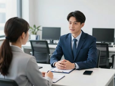 Two professionals in a modern office, one acting as interviewer, the other as candidate, engaged in a mock interview session, collaborative and focused, bright lighting, blue and white tones.