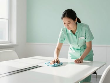 Professional cleaner in neat, branded attire wiping down a conference room table, natural light streaming in, clean white and soft green tones.
