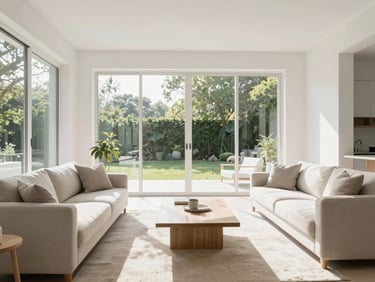 Sunlit, immaculate modern living room with light furniture, clean white walls, and a large window, natural daylight, high-key, architectural digest style.
