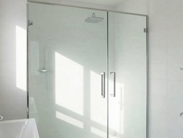 Immaculate, well-organized modern bathroom with white tiles and glass shower, natural light, clean shadows, architectural digest style.