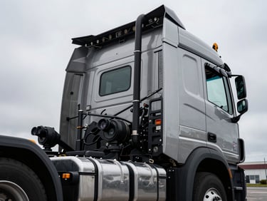 Close-up of a heavy-duty 8x4 tractor truck cabin, industrial details, high-contrast overcast lighting