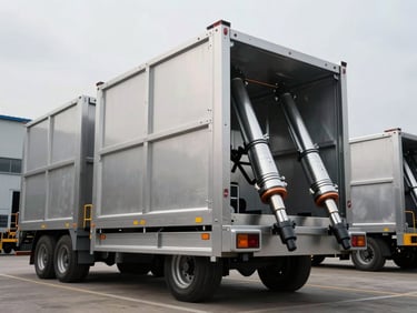 Low-angle shot of modular hydraulic heavy-duty trailers parked in an industrial yard, overcast daylight, metallic textures