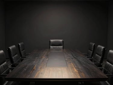 Wide cinematic view of a high-end corporate boardroom, low-key dramatic lighting, dark matte obsidian tones, soft metallic reflections on a polished table.