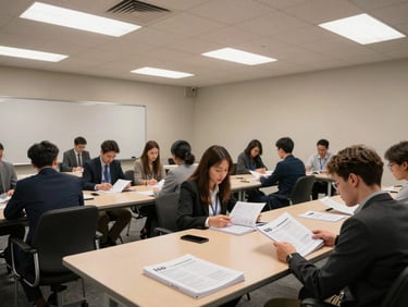 Wide shot of a corporate training room, attendees seated at long tables reviewing printed ISO workbooks, controlled overhead office lighting, neutral tones