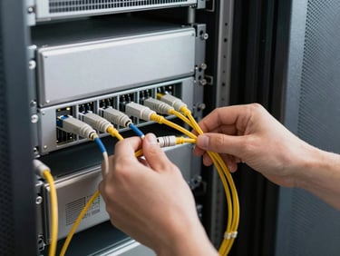 Close-up of hands installing high-speed fiber optic cabling in a modern European server room, bright natural light, crisp focus.