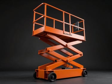Low-angle dramatic studio shot of the ELEWORK electric lift, showcasing its robust orange steel base and solid safety guardrails against a dark background, sharp metallic highlights.