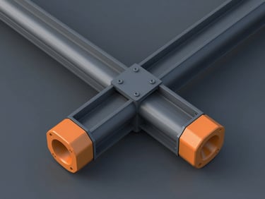 Crisp 3D CAD rendering of complex structural steel connections, overhead isometric view, cool slate and industrial orange accents, clean technical wireframe.