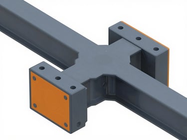 Crisp 3D CAD rendering of complex structural steel connections, detailed isometric view, cool slate and industrial orange accents