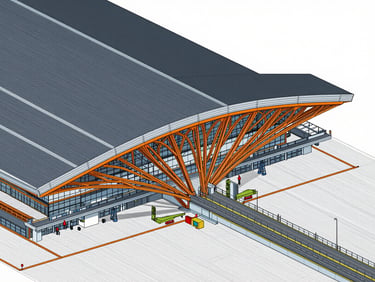 BIM model rendering of Mactan Cebu Airport terminal building, showing complex glulam-to-steel connection detailing