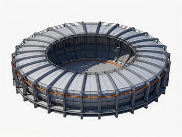 Technical 3D wireframe render of Volgograd Stadium roof structures, complex cable-net support ring visible