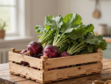 Soft overcast daylight, a wooden crate of freshly harvested organic root vegetables on a rustic farm table, shallow depth of field, warm editorial photography style.