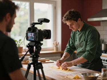 Behind-the-scenes shot of a camera on a tripod filming a chef preparing handmade pasta in a warm kitchen, soft window light, focused atmosphere