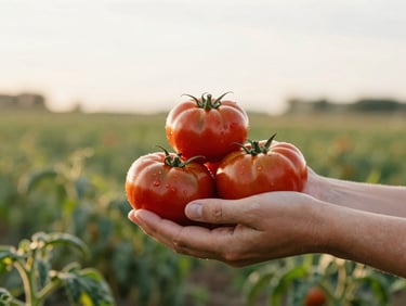 Hands holding freshly harvested heirloom tomatoes in a field during golden hour, overcast soft light