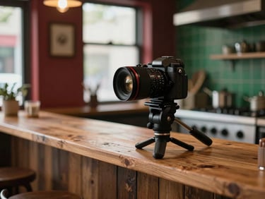 A professional camera on a tripod inside a warm, cozy restaurant kitchen, soft natural window light, rustic wooden counter, shallow depth of field