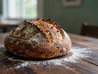 Close-up of a rustic sourdough bread being sliced on a dark wooden table, flour dusting the air, natural side light, shallow depth of field
