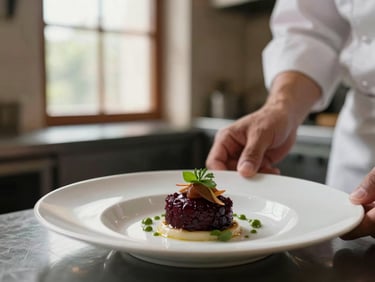 Close-up of a chef plating a delicate dish in a warm kitchen, soft natural window light, shallow depth of field