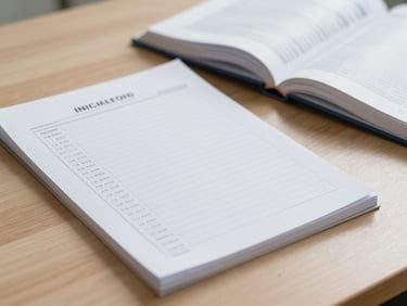 Close-up of structured clinical stationery and an open medical reference book on a clean wooden desk, soft diffused side lighting.