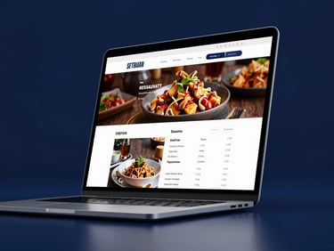 Angled perspective shot of a sleek laptop displaying a modern restaurant menu website, deep midnight blue studio lighting, glowing glassmorphism highlights, sharp focus