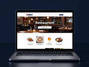 Sleek tech photography, glowing glassmorphism mockup of a modern restaurant website on a laptop screen, dark midnight blue ambient lighting.