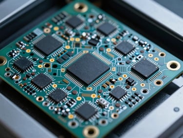 Extreme macro shot of high-density PCB inside an inspection chamber, sharp cool-toned LED lighting, high-contrast, ultra-detailed 100mm lens