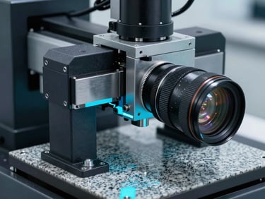 Rugged steel frame of an optical inspection machine with visible solid granite base, macro industrial photography, sharp cool-toned LED lighting