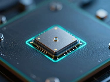 Extreme macro shot of sub-micron optical sensor hovering over silicon substrate, cool-toned LED lighting, high-contrast