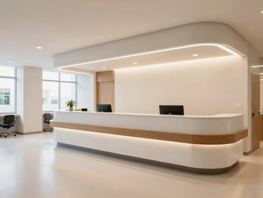 Wide shot of a modern, clean hospital reception area in Brazil, soft warm lighting, professional architectural photography